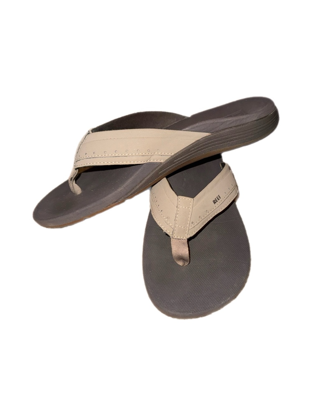 Reef Men's Tan Strapped Flip Flop Sandals with Dark Gray Footbed size 10